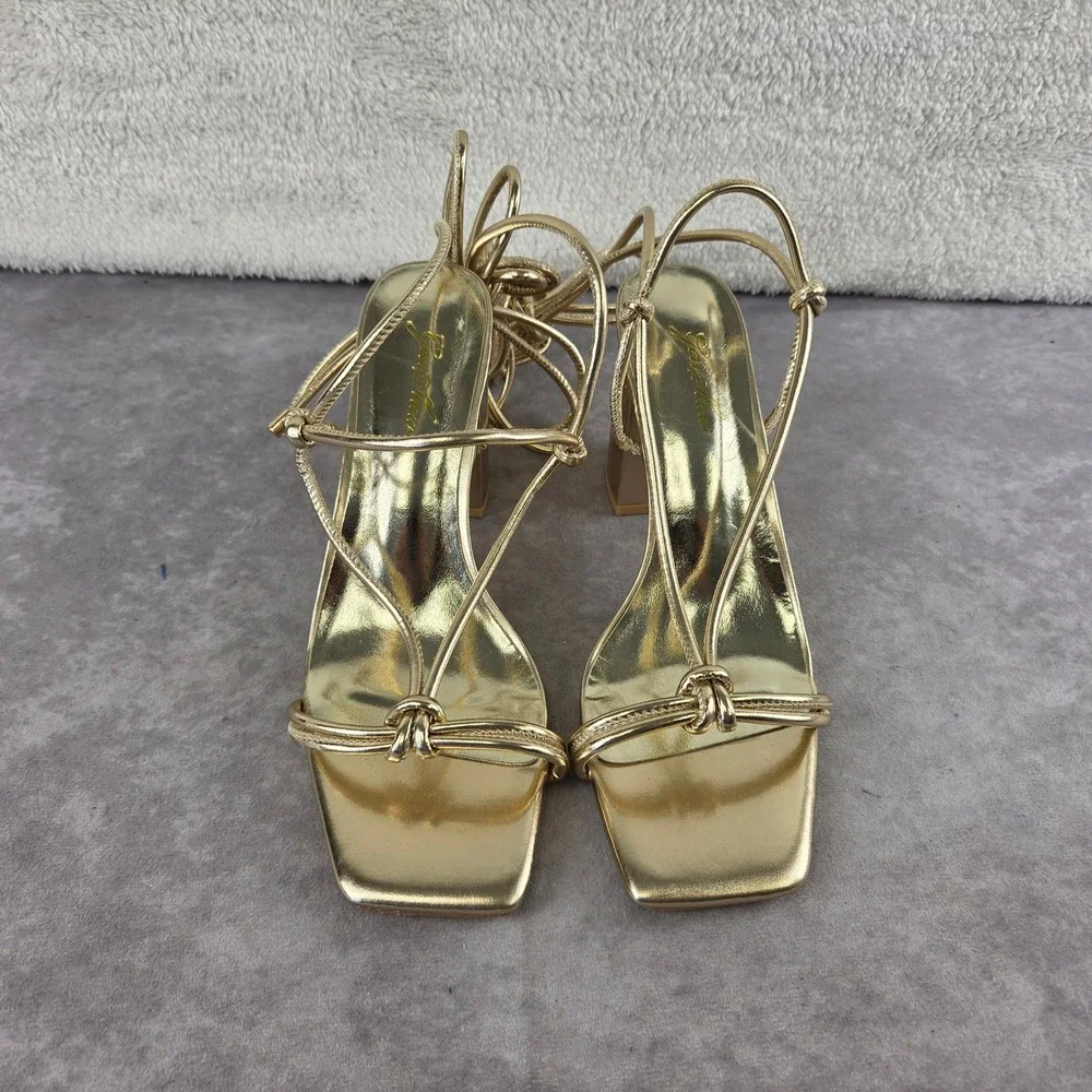 Gold Metallic Lace Up Block Heel Sandals Square Toe Strappy Ankle Tie GSS611